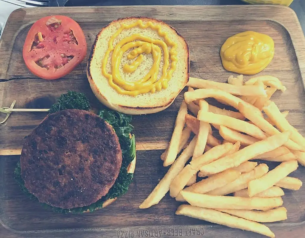 Vegan plant-based burgers with fries